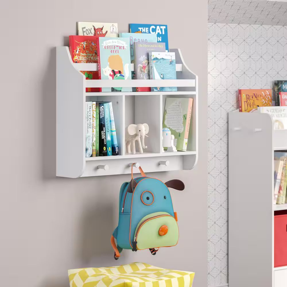 23.69 In. Wide White Kids 2-Wall Mounted Bookshelves and Toy Storage Organizer for Playroom, Nursery and Reading Nook
